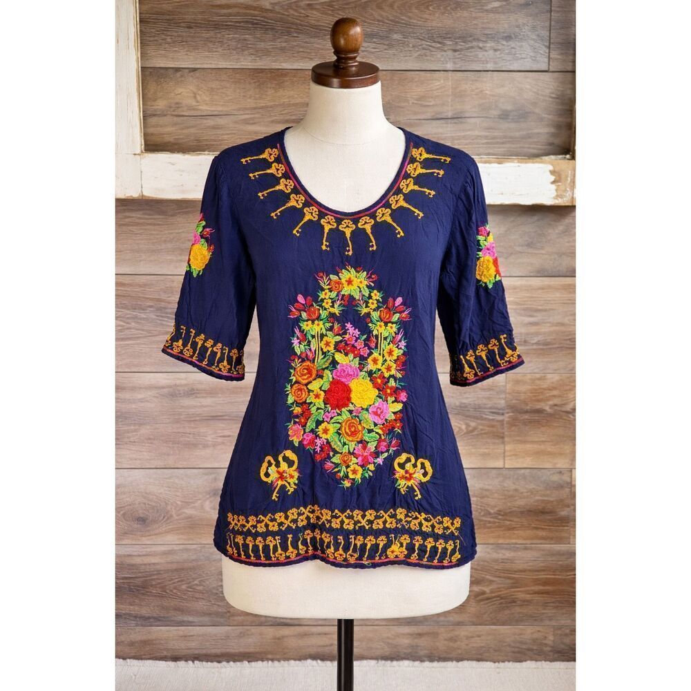 Durga Embroidered Rayon Blouse Navy Floral Boho Peasant Top Size M